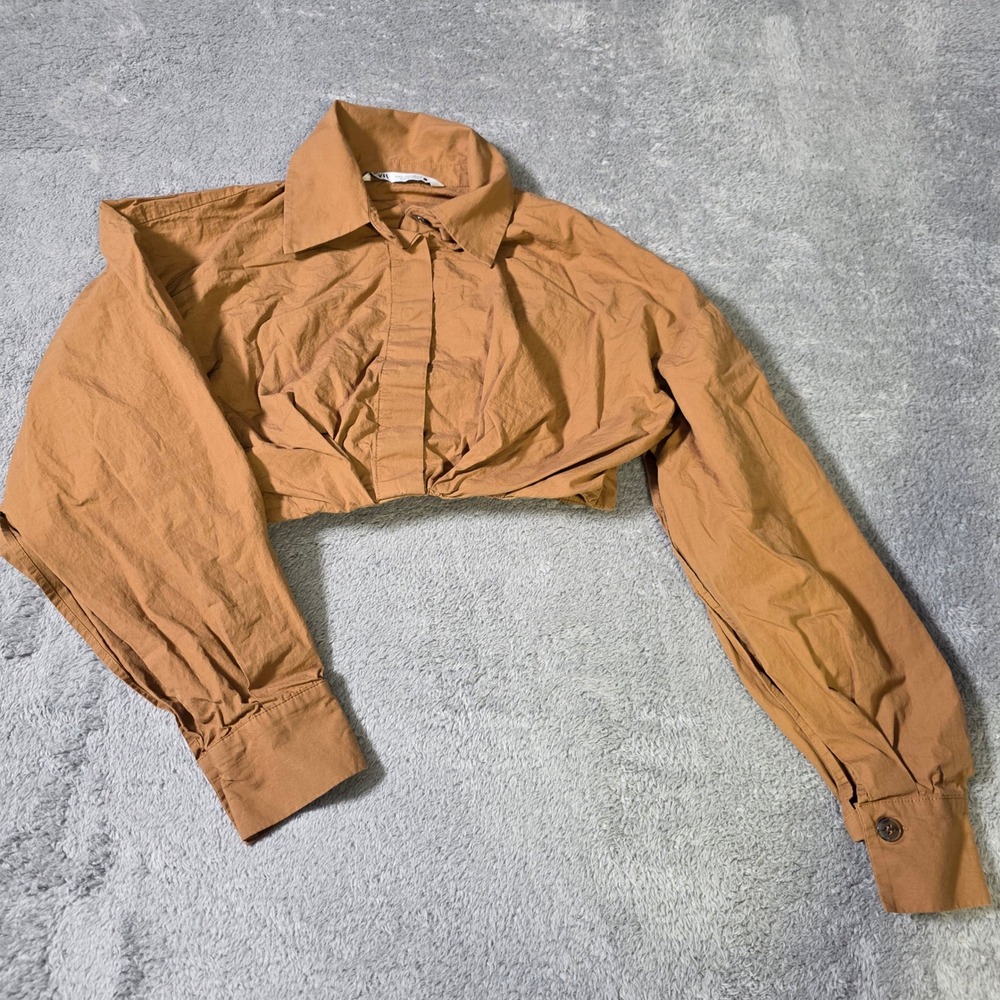 Zara Womens S Cropped Button Up Shirt Brown Long Sleeve Elastic Hem 4437/314/745
